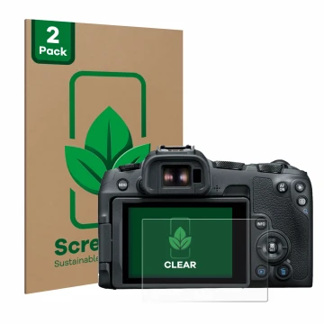 Parte frontal de un envase de producto con el logotipo de la marca ScreenLeaf. Al lado se muestra el dispositivo Canon EOS R8 