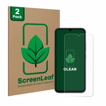 Parte frontal de un envase de producto con el logotipo de la marca ScreenLeaf. Al lado se muestra el dispositivo Samsung Galax