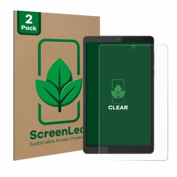 Parte frontal de un envase de producto con el logotipo de la marca ScreenLeaf. Al lado se muestra el dispositivo Lenovo Tab M8