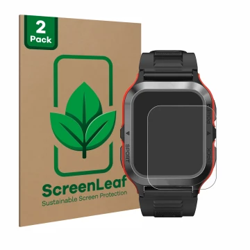 Parte frontal de un envase de producto con el logotipo de la marca ScreenLeaf. Al lado se muestra el dispositivo Kospet Tank M