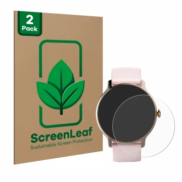 Parte frontal de un envase de producto con el logotipo de la marca ScreenLeaf. Al lado se muestra el dispositivo Hama Fit Watc