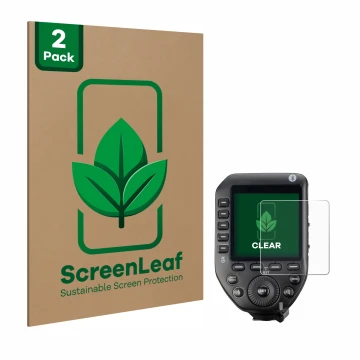 Parte frontal de un envase de producto con el logotipo de la marca ScreenLeaf. Al lado se muestra el dispositivo Godox XPro II