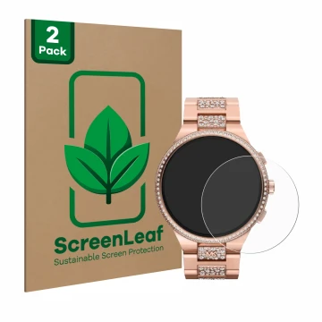 Parte frontal de un envase de producto con el logotipo de la marca ScreenLeaf. Al lado se muestra el dispositivo Michael Kors 