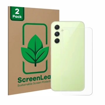 Parte frontal de un envase de producto con el logotipo de la marca ScreenLeaf. Al lado se muestra el dispositivo Samsung Galax