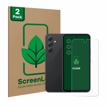 Parte frontal de un envase de producto con el logotipo de la marca ScreenLeaf. Al lado se muestra el dispositivo Samsung Galax