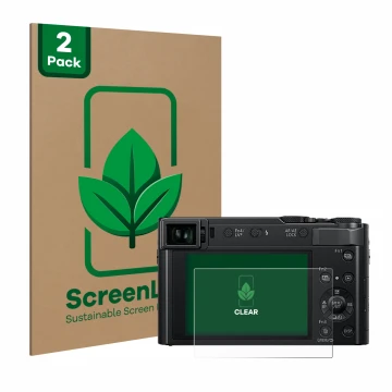 Parte frontal de un envase de producto con el logotipo de la marca ScreenLeaf. Al lado se muestra el dispositivo Panasonic Lum