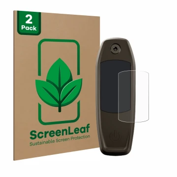Parte frontal de un envase de producto con el logotipo de la marca ScreenLeaf. Al lado se muestra el dispositivo Specialized M