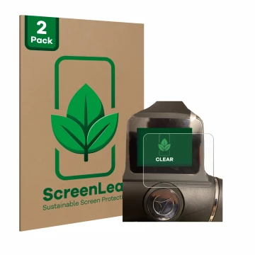 Parte frontal de un envase de producto con el logotipo de la marca ScreenLeaf. Al lado se muestra el dispositivo Motocaddy M1 