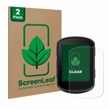 Parte frontal de un envase de producto con el logotipo de la marca ScreenLeaf. Al lado se muestra el dispositivo Garmin Edge 5
