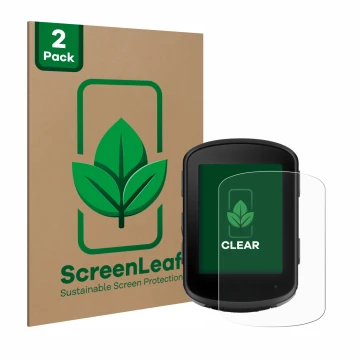 Parte frontal de un envase de producto con el logotipo de la marca ScreenLeaf. Al lado se muestra el dispositivo Garmin Edge 8