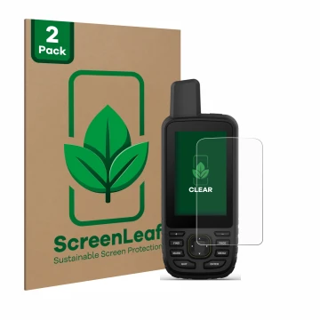 Parte frontal de un envase de producto con el logotipo de la marca ScreenLeaf. Al lado se muestra el dispositivo Garmin GPSMAP