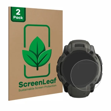 Parte frontal de un envase de producto con el logotipo de la marca ScreenLeaf. Al lado se muestra el dispositivo Garmin Instin