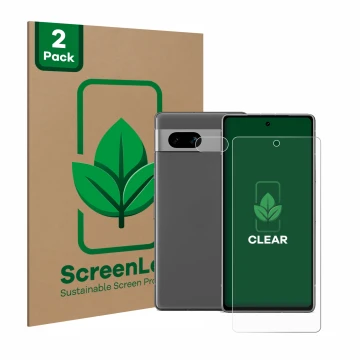 Parte frontal de un envase de producto con el logotipo de la marca ScreenLeaf. Al lado se muestra el dispositivo Google Pixel 