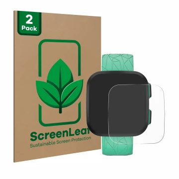 Parte frontal de un envase de producto con el logotipo de la marca ScreenLeaf. Al lado se muestra el dispositivo Garmin Bounce