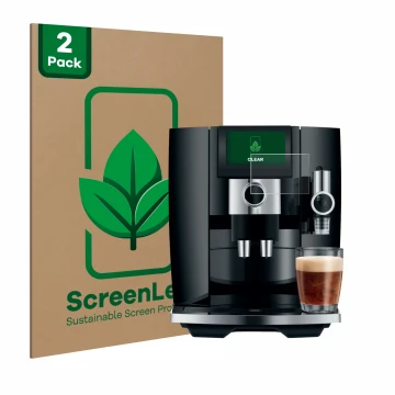 Parte frontal de un envase de producto con el logotipo de la marca ScreenLeaf. Al lado se muestra el dispositivo Jura J8 con s