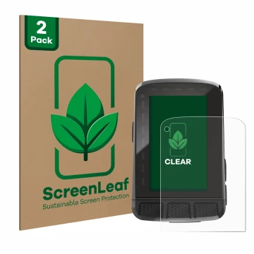 Parte frontal de un envase de producto con el logotipo de la marca ScreenLeaf. Al lado se muestra el dispositivo Wahoo Elemnt 