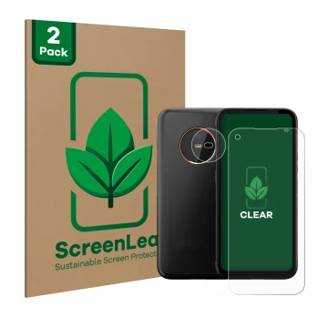 Parte frontal de un envase de producto con el logotipo de la marca ScreenLeaf. Al lado se muestra el dispositivo Gigaset GX6 (
