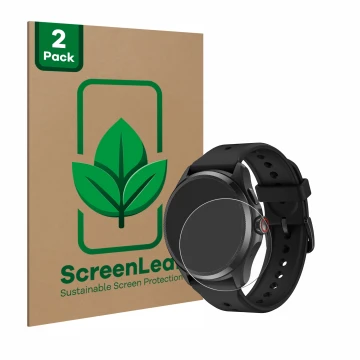 Parte frontal de un envase de producto con el logotipo de la marca ScreenLeaf. Al lado se muestra el dispositivo Mobvoi TicWat