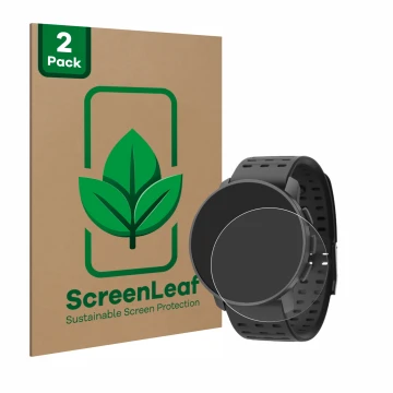 Parte frontal de un envase de producto con el logotipo de la marca ScreenLeaf. Al lado se muestra el dispositivo Suunto 9 Peak