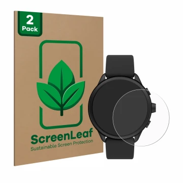 Parte frontal de un envase de producto con el logotipo de la marca ScreenLeaf. Al lado se muestra el dispositivo Fossil Smartw