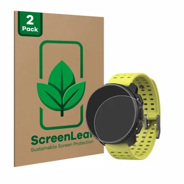 Parte frontal de un envase de producto con el logotipo de la marca ScreenLeaf. Al lado se muestra el dispositivo Suunto Vertic