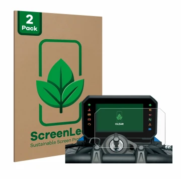 Parte frontal de un envase de producto con el logotipo de la marca ScreenLeaf. Al lado se muestra el dispositivo Suzuki GSX-8S
