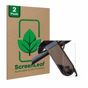 Parte frontal de un envase de producto con el logotipo de la marca ScreenLeaf. Al lado se muestra el dispositivo NIU KQi3 Max 