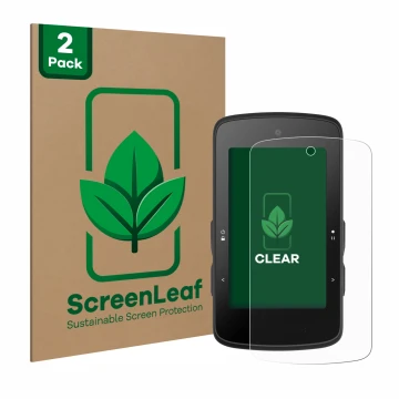Parte frontal de un envase de producto con el logotipo de la marca ScreenLeaf. Al lado se muestra el dispositivo Bryton Rider 