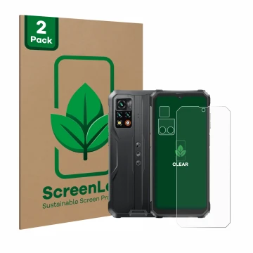 Parte frontal de un envase de producto con el logotipo de la marca ScreenLeaf. Al lado se muestra el dispositivo Blackview BV9