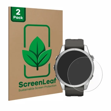 Parte frontal de un envase de producto con el logotipo de la marca ScreenLeaf. Al lado se muestra el dispositivo Garmin Fenix 