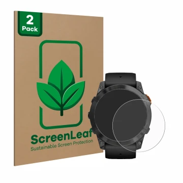 Parte frontal de un envase de producto con el logotipo de la marca ScreenLeaf. Al lado se muestra el dispositivo Garmin Fenix 