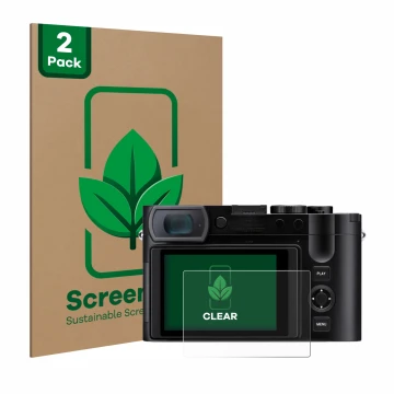 Parte frontal de un envase de producto con el logotipo de la marca ScreenLeaf. Al lado se muestra el dispositivo Leica Q3 con 