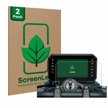 Parte frontal de un envase de producto con el logotipo de la marca ScreenLeaf. Al lado se muestra el dispositivo Suzuki V-Stro