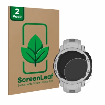 Parte frontal de un envase de producto con el logotipo de la marca ScreenLeaf. Al lado se muestra el dispositivo Garmin Instin