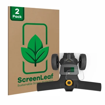 Parte frontal de un envase de producto con el logotipo de la marca ScreenLeaf. Al lado se muestra el dispositivo PowaKaddy FX3