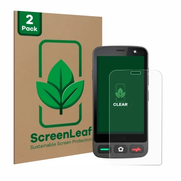 Parte frontal de un envase de producto con el logotipo de la marca ScreenLeaf. Al lado se muestra el dispositivo Brondi Amico 