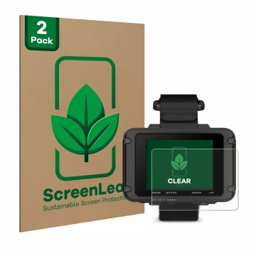 Parte frontal de un envase de producto con el logotipo de la marca ScreenLeaf. Al lado se muestra el dispositivo Garmin Foretr