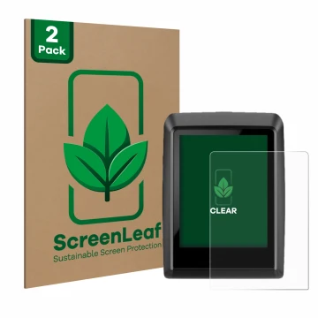 Parte frontal de un envase de producto con el logotipo de la marca ScreenLeaf. Al lado se muestra el dispositivo Bosch Kiox 50