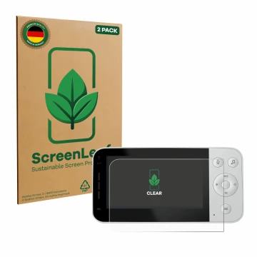 Parte frontal de un envase de producto con el logotipo de la marca ScreenLeaf. Al lado se muestra el dispositivo Philips Avent