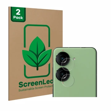 Parte frontal de un envase de producto con el logotipo de la marca ScreenLeaf. Al lado se muestra el dispositivo ASUS ZenFone 