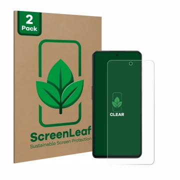 Parte frontal de un envase de producto con el logotipo de la marca ScreenLeaf. Al lado se muestra el dispositivo OnePlus Nord 