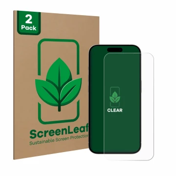 Parte frontal de un envase de producto con el logotipo de la marca ScreenLeaf. Al lado se muestra el dispositivo Apple iPhone 