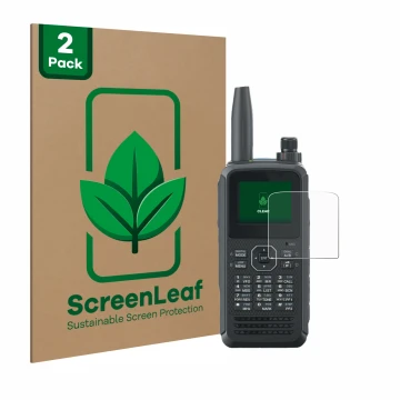 Parte frontal de un envase de producto con el logotipo de la marca ScreenLeaf. Al lado se muestra el dispositivo Kenwood TH-D7