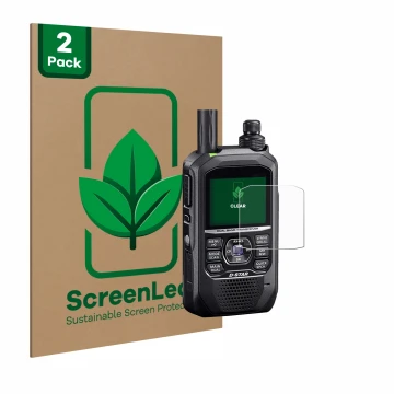 Parte frontal de un envase de producto con el logotipo de la marca ScreenLeaf. Al lado se muestra el dispositivo Icom ID-50E c