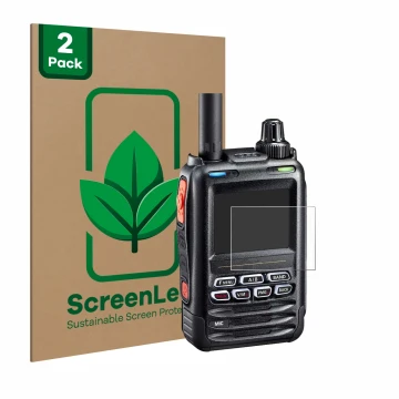Parte frontal de un envase de producto con el logotipo de la marca ScreenLeaf. Al lado se muestra el dispositivo Yaesu FT-5DE/