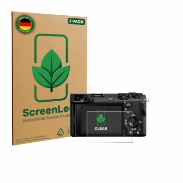Parte frontal de un envase de producto con el logotipo de la marca ScreenLeaf. Al lado se muestra el dispositivo Sony Alpha 67