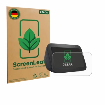 Parte frontal de un envase de producto con el logotipo de la marca ScreenLeaf. Al lado se muestra el dispositivo Amazon Echo S