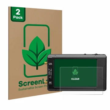 Parte frontal de un envase de producto con el logotipo de la marca ScreenLeaf. Al lado se muestra el dispositivo tinySA ultra 
