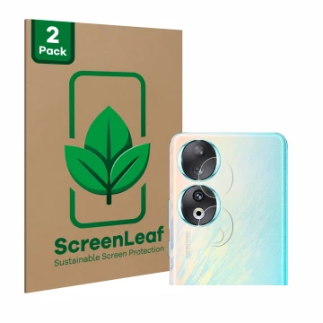 Parte frontal de un envase de producto con el logotipo de la marca ScreenLeaf. Al lado se muestra el dispositivo Honor 90 (SÓL