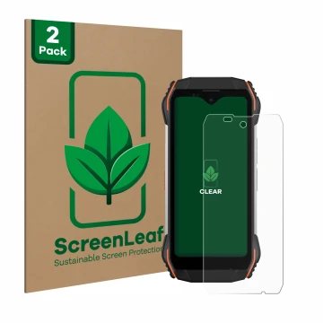 Parte frontal de un envase de producto con el logotipo de la marca ScreenLeaf. Al lado se muestra el dispositivo Blackview N60